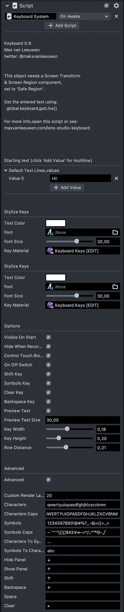 keyboard settings lens studio